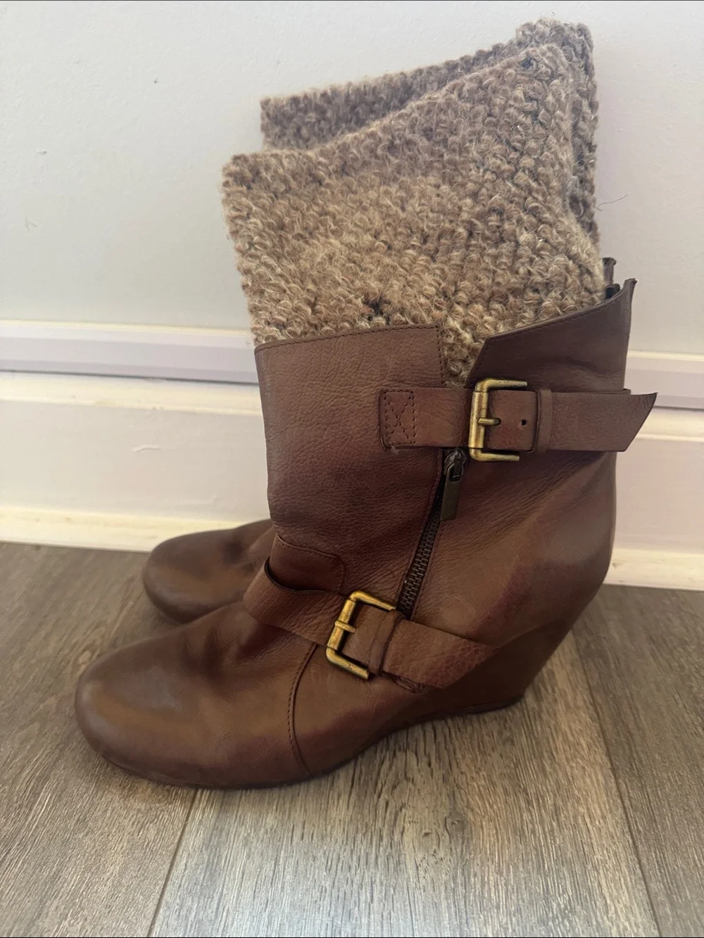 Vero Cuoio Brown Leather Wedge Boots with Knit Cuff and Buckle Detail
